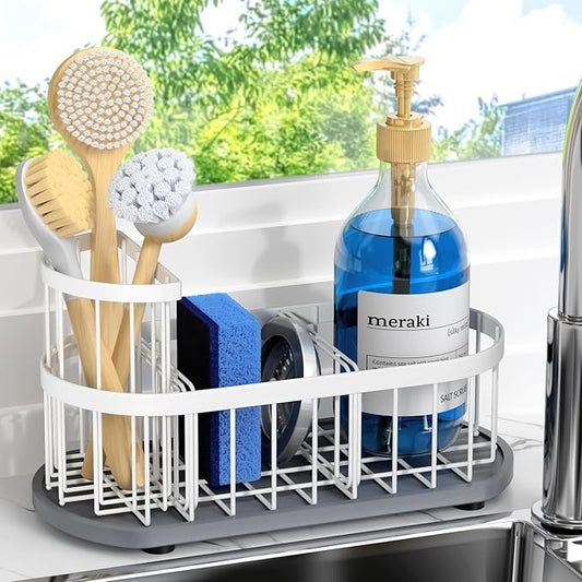 Sponge Holder for Kitchen Sink with High Brush Holder, [Stay-Dry Anywhere & No Drainage Needed] Rustproof Stainless Steel Kitchen Sink Caddy Organizer with Water Absorbing Stone Tray, White by HOKEMOM