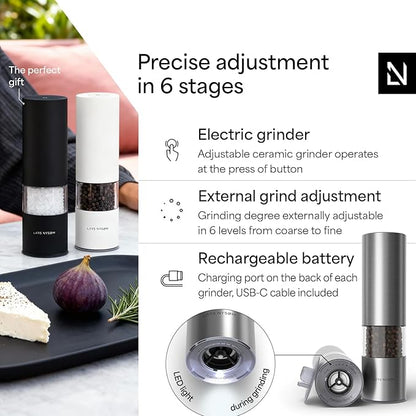 LARS NYSØM Electric Salt and Pepper Grinder Set I Automatic Salt and Pepper Mills with Adjustable Ceramic Grinder I USB Rechargeable Electric Spice Mill Set with LED Light (Stainless Steel) - Image 2