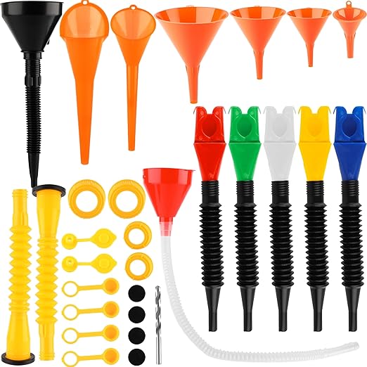 30 Pcs Automotive Funnel Set Wide Mouth Fuel Oil Funnel Plastic Long Neck Funnels for Automotive Flexible Right Angle with Detachable Spout and Filter for Water Gasoline Coolant Engine