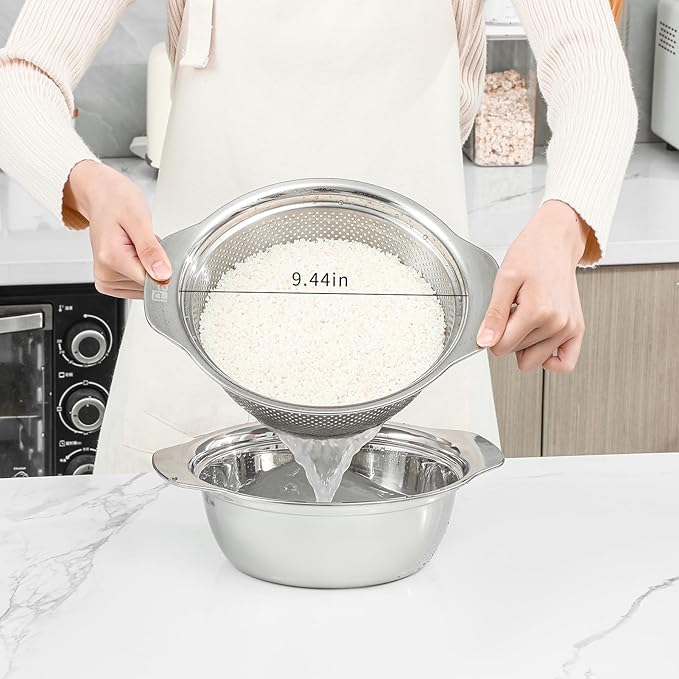 304 Stainless Steel Microporous Colander with Handle, Rice Washers Microporous Strainer Set For washing vegetables, fruits and rice, and draining cooked pasta. - Image 2