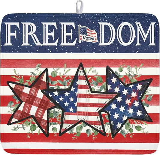 4th of July Dish Drying Mat 18x16 Inch, Patriotic Drying Mat with Absorbent Reversible Microfiber, Independence Day Dish Drainer Mats Memorial Day Rack Pad for Coffee Countertop Kitchen Protector