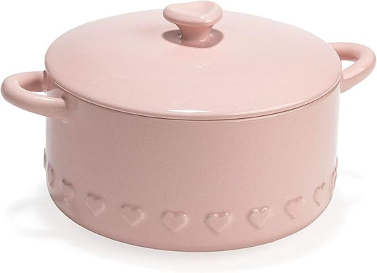 Paris Hilton Iconic Ceramic Stoneware Casserole Dish With Lid, Oven Safe Up To 450°F, Dishwasher & Microwave Safe, 28oz, Pink with Embossed Heart Design by TheWorldofParisHilton