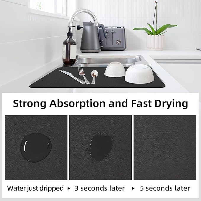 LOPNUR Kitchen Dish Drying Mat, 24"x16" Large Dish Drying Mats for Kitchen Counter, Diatomite Coffee Mat, Super Absorbent Dish Drying Pad, Heat Resistant Mat with Anti-slip Rubber Backed, Black - Image 3