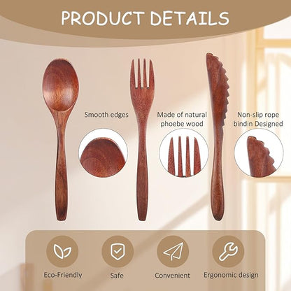 6 Pcs Wooden Utensils for Eating, Wooden Spoon Fork Cutlery Set Kitchen Wood Dinner Flatware Tableware Reusable Wood Spoon, Wooden Forks,Wooden Scraper for Travel and Camping - Image 4