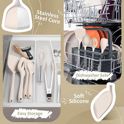 10 Pack Kitchen Utensils Set for Cooking, Leonyo Silicone Cooking Utensils Set, 446°F Heat Resistant Silicone Kitchen Tool with Turner Spatula, Soup Ladle, Serving Spoon for Nonstick Cookware - Khaki