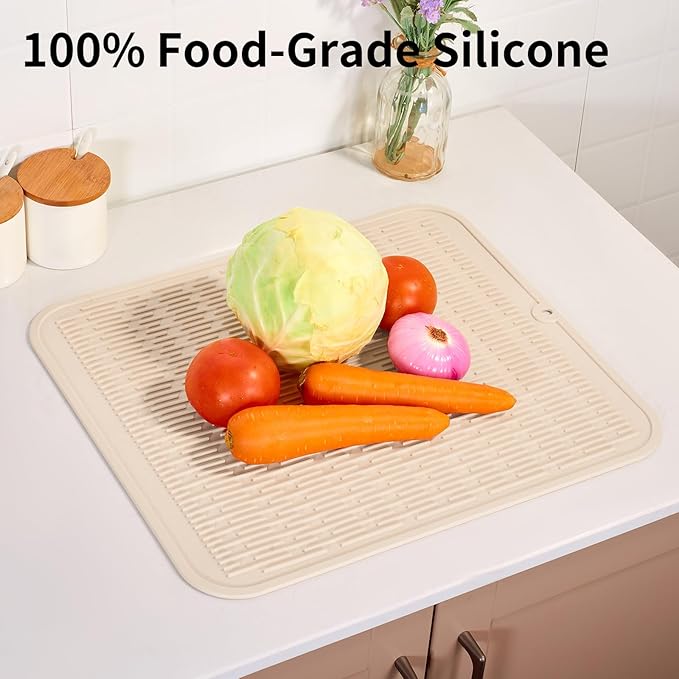 ZLR Large Silicone Dish Drying Mat (16" x 18") - XL Heavy Duty Drainboard Mat for Pots, Pans & Family Loads - Heat Resistant Trivet & Counter Protector, Easy Clean (Cassava White) - Image 9