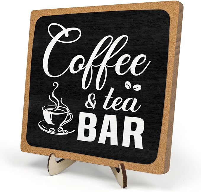 Coffee Bar Sign Plaque Decor,Cafe Station Accessorie for Office,Rustic Wooden Tabletop Plaque with Stand, Minimalist Farmhouse Kitchen Counter Sign ,Cute Mini Café Bar Decor Gift ,Coffee & Tea Bar Decor Signs 5.9x5.9Inch (Black&Grown) by DMADNF