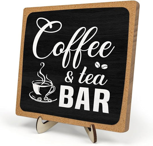 Coffee Bar Sign Plaque Decor,Cafe Station Accessorie for Office,Rustic Wooden Tabletop Plaque with Stand, Minimalist Farmhouse Kitchen Counter Sign ,Cute Mini Café Bar Decor Gift ,Coffee & Tea Bar Decor Signs 5.9x5.9Inch (Black&Grown) by DMADNF