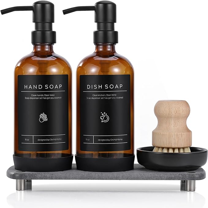 [Luxury] Kitchen Soap Dispenser Set - 16OZ Amber Glass Bottle, Stainless Steel Pump, Instant Dry Tray, Waterproof Labels, Non-Slip Silicone Pad, and Dish Brush | Upgrade for Your Kitchen and Bathroom by ORCHID+HOME