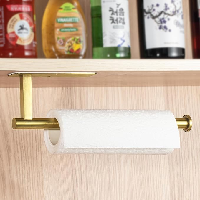 ASTOFLI Paper Towel Holder Under Cabinet No Drilling, Self Adhesive Paper Towel Holder Wall Mount for Kitchen Rack, Under Counter Napin Holder No Drill, RV, 304 Stainless Steel, Gold Brass - Image 6