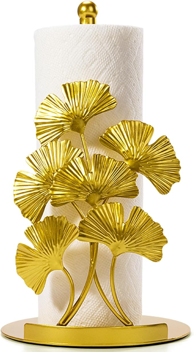 Vintage Gold Ginkgo Paper Towel Holder Countertop - Gold Kitchen Decor and Accessories, Luxury Housewarming Gifts for Women, 3D Ornate Leaf Textured, Retro Design Home Decor, Weighted Base & Felt Pad by Shinlar