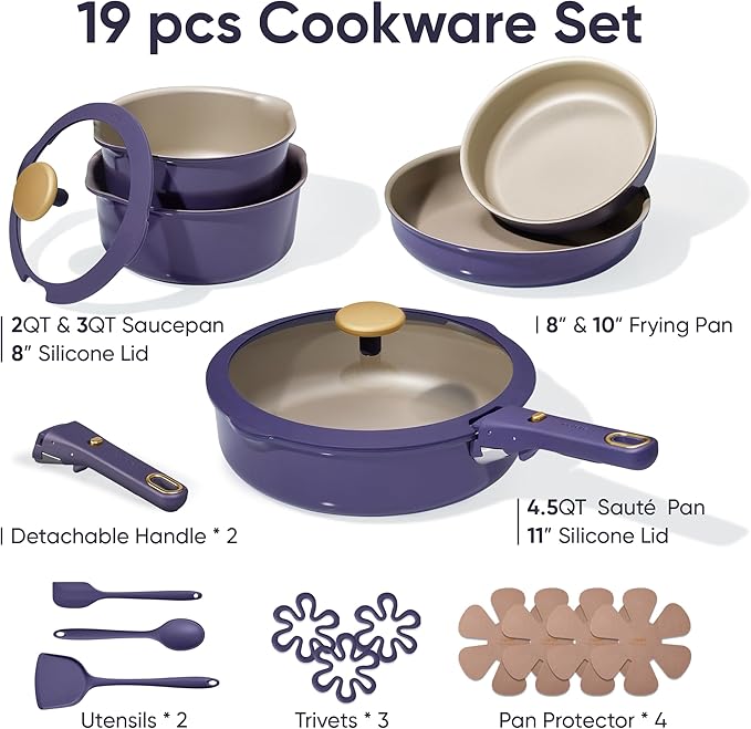CAROTE 19 Pcs Pots and Pans Set, Nonstick Cookware Sets with Detachable Handle, Purple Dishwasher Safe, Oven Safe, Cookware Non Stick Cooking Set w/Frying Pans & Saucepans(PFOS, PFOA Free) - Image 2