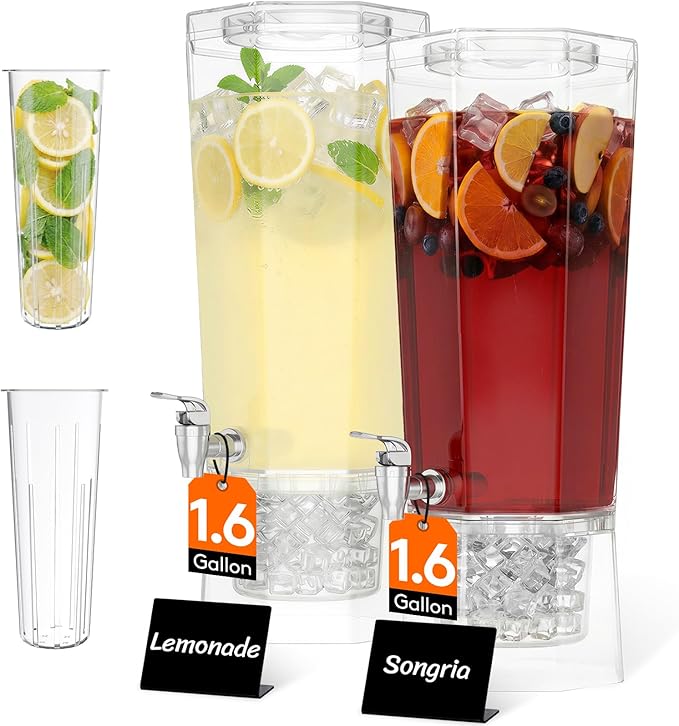 Lifewit 1.6 Gallon Drink Dispenser for Parties 2 Pcs, Large Plastic Beverage Container for Juice/Tea/Soda with Stand & Ice Core, Clear Lemonade Dispenser with Spigot, BPA Free Water Pitcher for Fridge by Lifewit