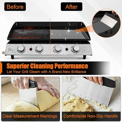 Grill Scraper&Bench Scraper Set，Food Scraper with Handle for Blackstone, Flat Top Grill Cleaning，Premium Stainless Steel Dough Cutter with Measuring Scale for Pastry,Cake,Pizza,Bread,Cooking - Image 4