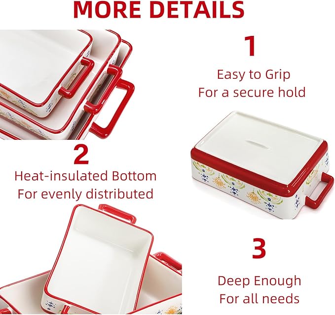 WRINGKIT Set of 3 Ceramic Baking Dishes, Rectangular Casserole Dish for Oven, Ceramic Bakeware Lasagna Pan Deep with Handles for Cooking, Baking, Wedding Gift, 3 Sizes (12''/10.7''/7.7''), Red - Image 3