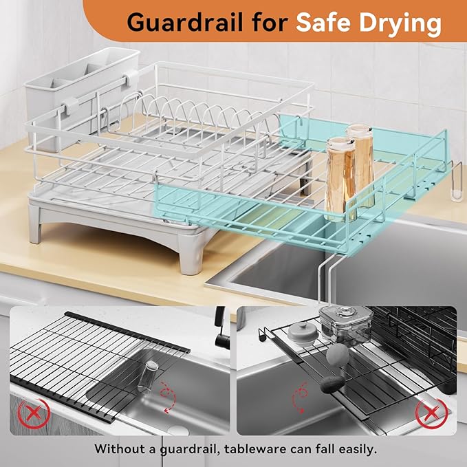 Laveshop Dish Drying Rack - Expandable Rack, Large Capacity Dish Drainer for Kitchen Counter, Rust-Proof with Utensil Holder, Gray - Image 4