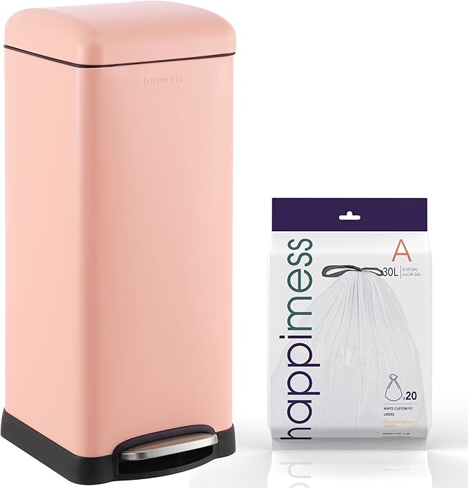 happimess HPM1007J Betty Retro 8-Gallon Step-Open Trash Can, Fingerprint Resistant, Modern, Minimalistic for Home, Kitchen, Laundry Room, Office, Bedroom, Bathroom, Flamingo Pink by Happimess
