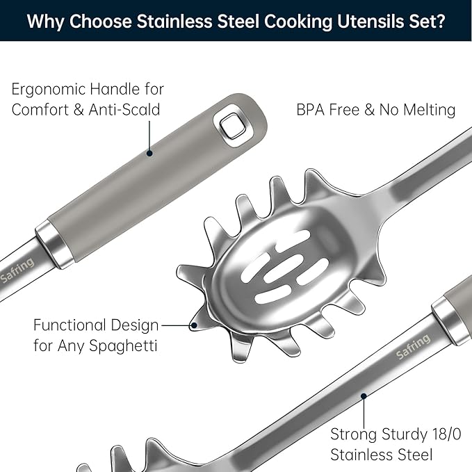 Safring Stainless Steel Soup Ladle and Spaghetti Spoon Set, Heat Resistant Rubber Handle, Dishwasher Safe, Kitchen Utensils for Cooking, Stirring, Serving Pasta, Soup & Sauce (Gray) - Image 3