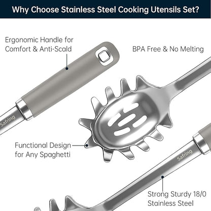 Safring Stainless Steel Soup Ladle and Spaghetti Spoon Set, Heat Resistant Rubber Handle, Dishwasher Safe, Kitchen Utensils for Cooking, Stirring, Serving Pasta, Soup & Sauce (Gray) - Image 3
