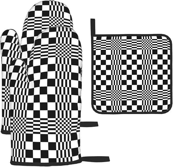 Black and White Optical Illusion Checkered Oven Mitt & Pot Holder Set (3-Piece) - Heat Resistant Non-Slip Kitchen Gloves Gift for Cooking Enthusiasts, Modern Kitchen Decor for Baking Grilling, Black by Unknown