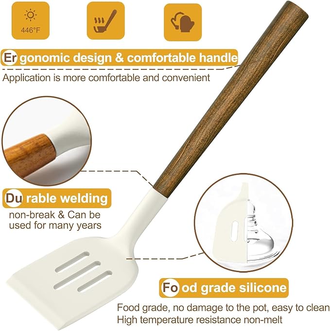 Non-Stick Silicone Kitchen Utensils Set with Natural Acacia Hard Wood Handle, Umite Chef 8 Pieces Kitchen Spatulas set, White, BPA Free, Baking, Serving and Cooking Utensils - Image 6