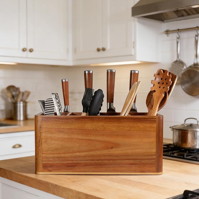Wooden Kitchen Utensil Holder Organizer for Counter or Countertop, Large Wooden Utensil Holder 4 Compartment, Acacia Wood Container Extra Large.with Strong Magnets Multifunctional Storage Knife Holder - Image 6
