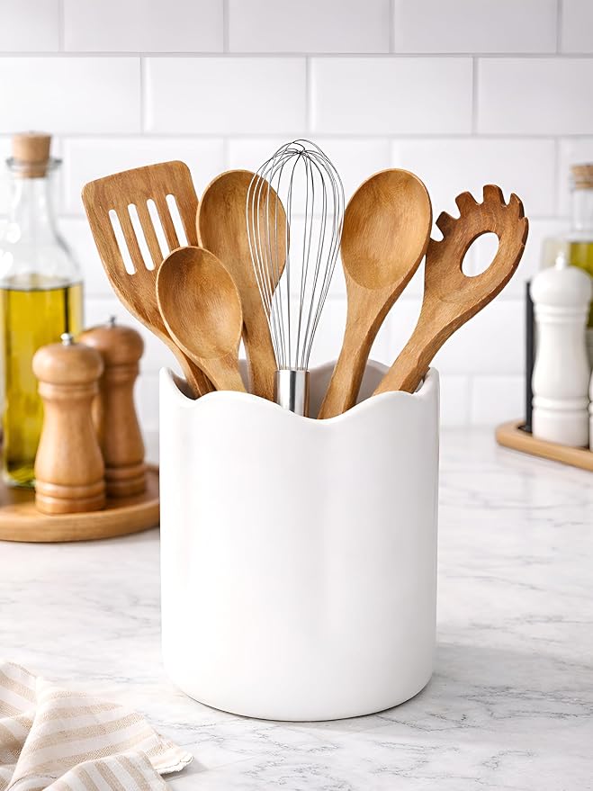 Ceramic Utensil Holder for Kitchen Counter, 7.1" Large Kitchen Utensil Crock with Protection Cork Mat, Modern Cooking Tools Organizer for Countertop, Matte White