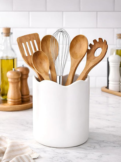 Ceramic Utensil Holder for Kitchen Counter, 7.1" Large Kitchen Utensil Crock with Protection Cork Mat, Modern Cooking Tools Organizer for Countertop, Matte White