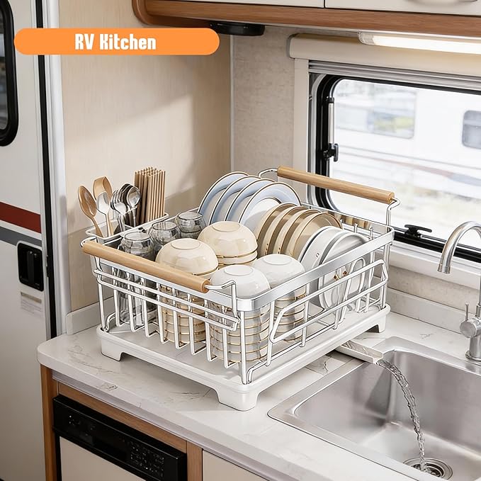 Dish Drying Rack for Kitchen Counter, Stainless Steel Dish Rack with Drainboard, Wooden Handles, Large Capacity Countertop Dish Rack for Plates, Bowls, Cups & Utensils