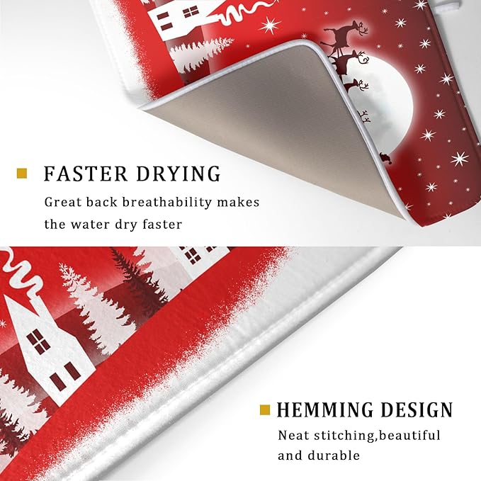 Christmas Reindeer Moon Star Red Dish Drying Mat for Kitchen Counter,White Xmas Tree Castle Drying Mat 18 x 24 Inch with Absorbent Reversible Microfiber Dish Drying Pad for Coffee Bar - Image 3