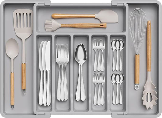 Lifewit Silverware Drawer Organizer, Expandable Utensil Tray for Kitchen, BPA Free Flatware and Cutlery Holder, Adjustable Plastic Storage for Spoons Forks Knives, 13-22 x 15", Grey by Lifewit