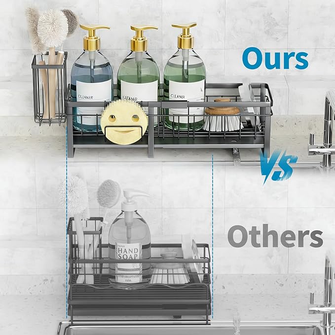 Aurblozen Extra Large Extendable Sponge Holder for Kitchen Sink, Rustproof Sink Caddy Organizer with High Brush Holder, Dish Soap Dispenser Organizers and Storage (Gray) - Image 3