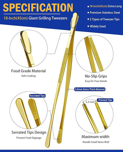 JETKONG 2 Pcs 18 Inch (45cm) Stainless Steel Grill Tongs Heavy Duty Giant Tweezer Tongs, Extra Large Tweezers Tools for Cooking, Grilling, BBQ and Turning Food (Gold) - Image 2