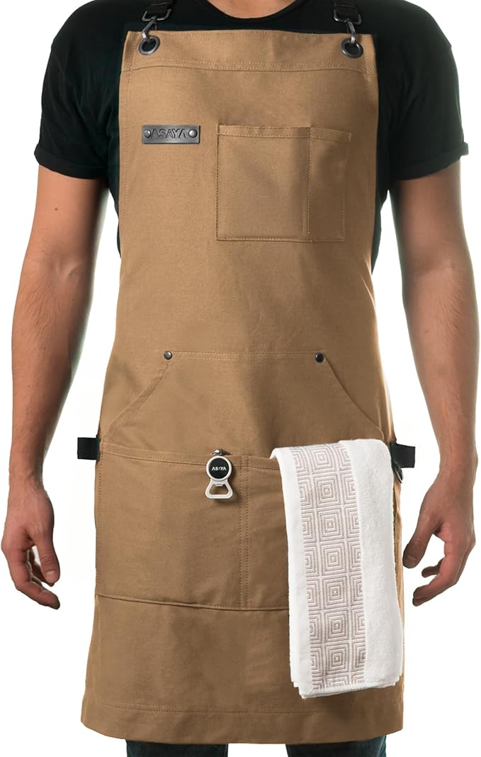 Asaya Chef and BBQ Apron with Bottle Opener and Hand Towel - 10oz Cotton Canvas, Stainless Steel Hardware - Cross Back Straps by AsayaChefProducts