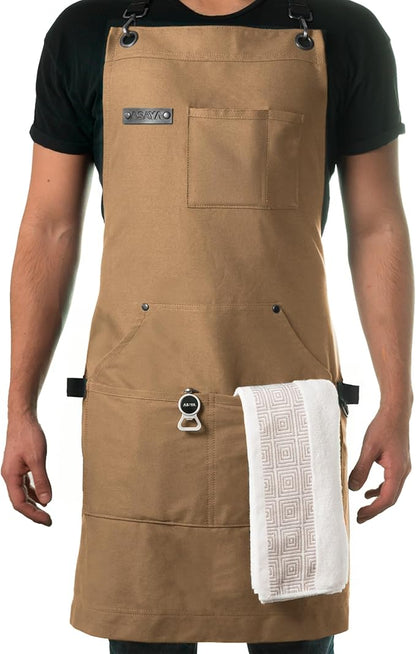 Asaya Chef and BBQ Apron with Bottle Opener and Hand Towel - 10oz Cotton Canvas, Stainless Steel Hardware - Cross Back Straps by AsayaChefProducts