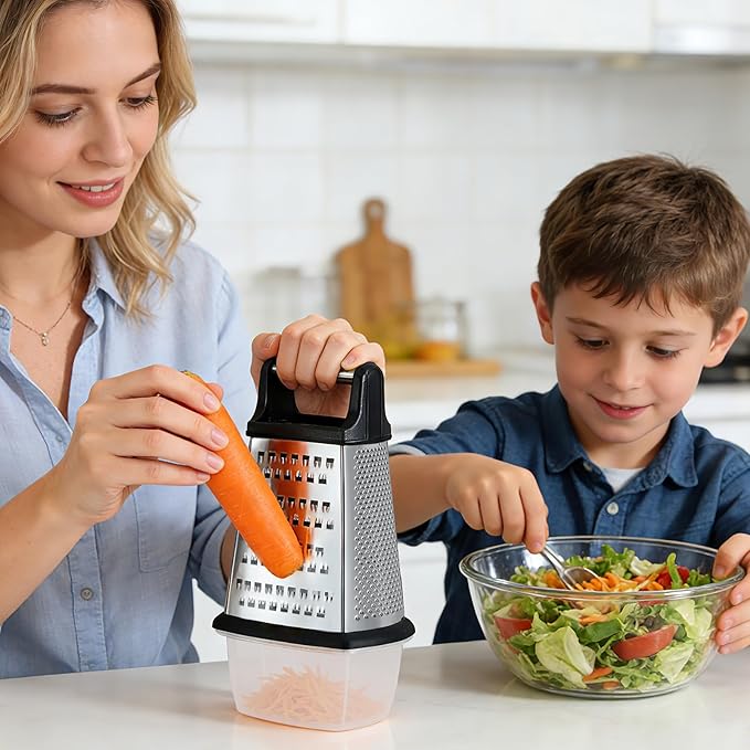Ourokhome Cheese Grater, Handheld Box Grater with Container & Lid, 4-Sided Stainless Steel for Kitchen, Wavy Julienne, Slicer, Coarse Shred & Fine Zester, Non-Slip Base, Dishwasher Safe, 8 Inch - Image 8