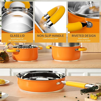 Stainless Steel Pots and Pans Set 6 Piece, 4 3 QT Pot with Lid and Steaming, Fry Pan, Compatible with All Stovetops