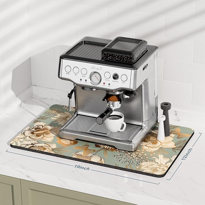 Rnivvi Coffee Mat, 12" x 19" Cute Coffee Bar Mats for Espresso Machine Station Accessories and Organizer, Hide Stain Rubber Backed Absorbent Dish Drying Pad for Kitchen Counter, Retro Flower - Image 2