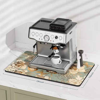 Rnivvi Coffee Mat, 12" x 19" Cute Coffee Bar Mats for Espresso Machine Station Accessories and Organizer, Hide Stain Rubber Backed Absorbent Dish Drying Pad for Kitchen Counter, Retro Flower - Image 2