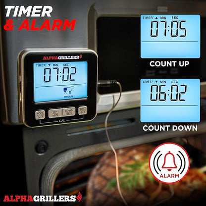 Alpha Grillers Meat Thermometer Digital - Kitchen Oven Thermometer for Cooking Food, Grilling, BBQ Smoker - 7 Preset Temperature Alerts, Timer, Alarm, & Stainless Steel Temperature Probe