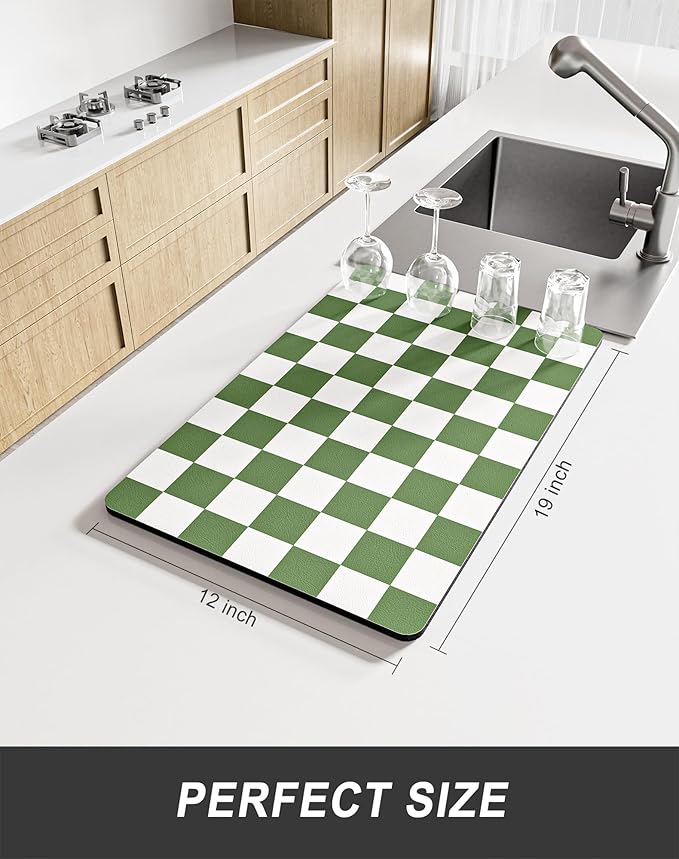 Rnivvi Dish Drying Mat for Kitchen Counter, 12 x 19" Cute Checkered Absorbent Draining Pad, Non-Slip Heat Resistant Coffee Bar Mats for Coffee Machine Station Accessories, Green White Dish Rack Pad - Image 2