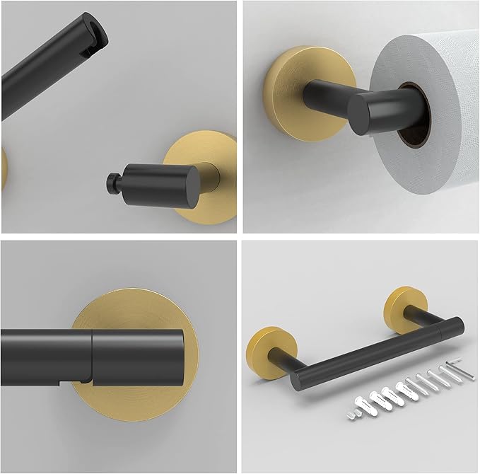 RARXTR Black and Gold Toilet Paper Holder SUS304 Stainless Steel Double Post Pivoting Toilet Paper Roll Holder Wall Mounted Tissue Holder for Commercial Bathroom RV Matte Black & Brushed Brass Finish