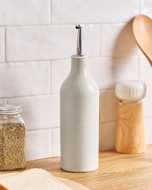 famiware Milkyway 16oz Ceramic Olive Oil Dispenser Bottle, 1 Piece Oil Dispenser for Kitchen with Stainless Steel Pourers, Suitable for Storage Vinegar, Soy Sauce, Coffee Syrup, Matte Beige White