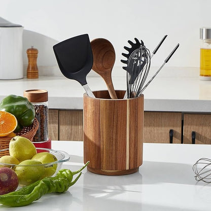 Acacia Wood Utensil Holder for Kitchen Counter, 360° Rotating 7.2" Wooden Cooking Utensil Crock for Countertop, Farmhouse Kitchen Decor - Image 3