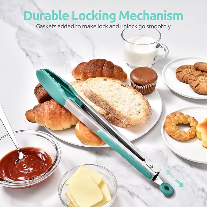 600ºF Heat Resistant Kitchen Tongs: U-Taste 12 in Large Silicone Cooking Tong with Sturdy Non Stick Rubber Tips & Silicon Coated 18/8 Stainless Steel Handle & Smooth Locking for Serving Grill-Aqua Sky - Image 7