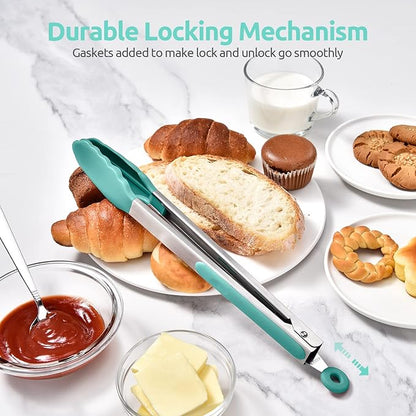600ºF Heat Resistant Kitchen Tongs: U-Taste 12 in Large Silicone Cooking Tong with Sturdy Non Stick Rubber Tips & Silicon Coated 18/8 Stainless Steel Handle & Smooth Locking for Serving Grill-Aqua Sky - Image 7