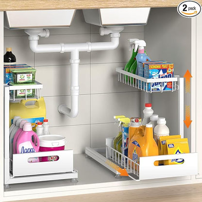 Saydear Under Sink Organizer Storage 2-Tier Premium Metal Pull-Out Kitchen Cabinet Organizer with Sliding Drawer, Height Adjustable, Heavy Duty for Kitchen & Bathroom Organizers 2 Pack White by Saydear