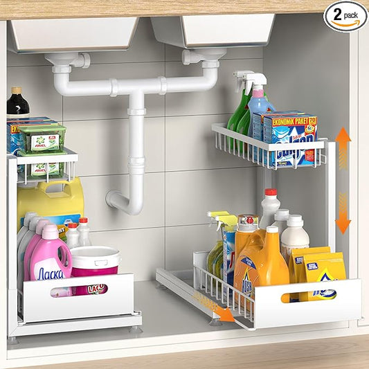 Saydear Under Sink Organizer Storage 2-Tier Premium Metal Pull-Out Kitchen Cabinet Organizer with Sliding Drawer, Height Adjustable, Heavy Duty for Kitchen & Bathroom Organizers 2 Pack White by Saydear