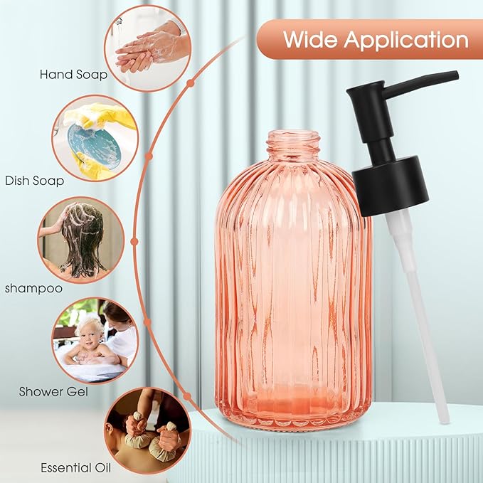 Topsky Stripe Glass Soap Dispenser with Black Plastic Pump, 400ml Liquid Hand Soap Dispenser, Rustproof Pump for Kitchen & Bathroom, Great for Lotions, Essential Oil, Liquid Soaps-Pink Orange - Image 6