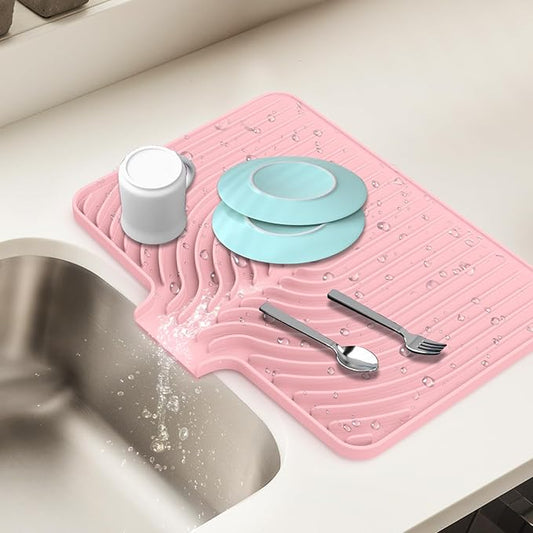 Dish Drying Mat for Kitchen Counter, with Built-in Drain Lip, Food-Grade Silicone, Easy Clean Pad for Countertop Protection, Multi-Functional Use (18x11.8, Pink) by JACZZO